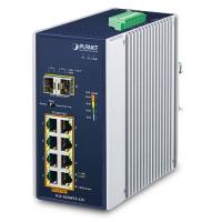 IGS-1020PTF-12V IP30 Промышленный 8-портовый 10/100/1000T 802.3at PoE + 2-портовый 100/1000X SFP Ethernet-коммутатор с усилителем 12 В (-40~75 градусов C, режим расширения 250 м, светодиодный индикатор использования PoE, двойное повышение мощности 12–56 В