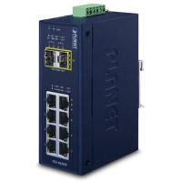 IGS-1020TF Промышленный неуправляемый коммутатор Ethernet 8 портов 10/100/1000T, 2 порта 100/1000X для SFP, неблокируемая производительность 20Гбит/с, пропускная способность 14.88М/с пакетов 64 байт, МАС таблица до 4K, питание 12..48В DC или 24В AC