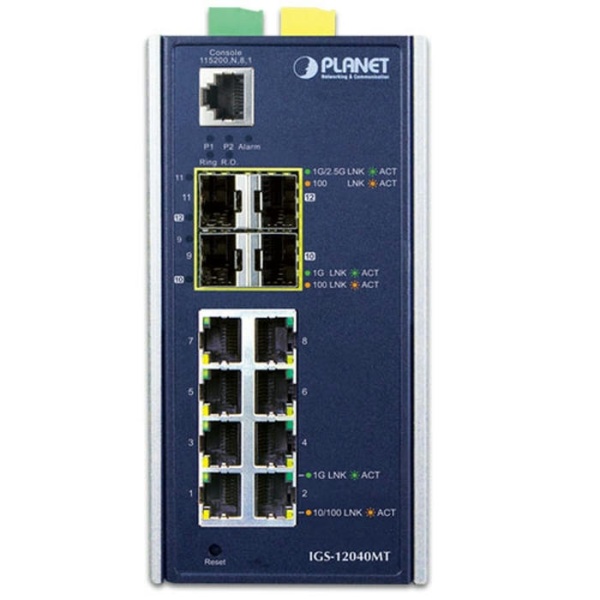 IGS-12040MT IP30 Industrial 8* 10/100/1000TP + 2* 100/1G SFP + 2*100/1G/2,5G SFP полностью управляемый Ethernet-коммутатор (от -40 до 75 C, двойной резервный вход питания на клеммной колодке 12~72 В пост. тока, 2* DI, 2*DO, кольцо ERPS, 1588 PTP TC