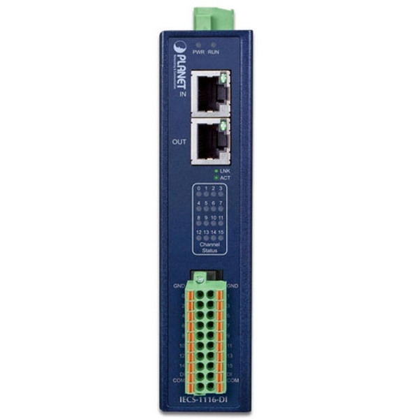 IECS-1116-DI Промышленный модуль дискретного ввода 16 каналов sink/source с интерфейсом EtherCAT порты 100BASE-TX RJ45, питание 9..48В постоянного тока, на DIN-рейку габарит 32x135x87 мм 0.38 кг металлический корпус IP30, рабочий диапазон -40 до 75 °C