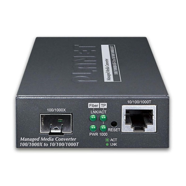 GT-915A управляемый медиаконвертер. 1-портовый 10/100/1000T + 1-портовый 100/1000X SFP (управление двойным стеком IPv4/IPv6, поддержка функций кибербезопасности TLSv1.2/SSHv2/SNMPv3, TS-1000/802.3ah OAM, LFP, 802.1Q VLAN, приложение PLANET CloudViewer и N