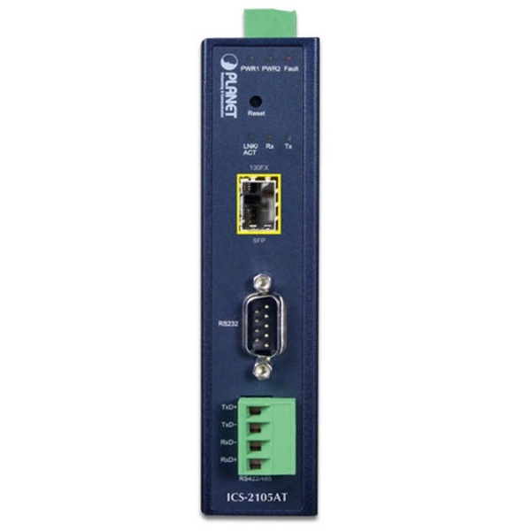 ICS-2105AT Промышленный сервер последовательного интерфейса 1xRS232/RS422/RS485, 100BASE-FX SFP, TCP Server/Client / UDP Client / VCOM / RFC 2217 / Telnet Server / Remote Pair / Modbus, SNMP, IP30 -40..+75C